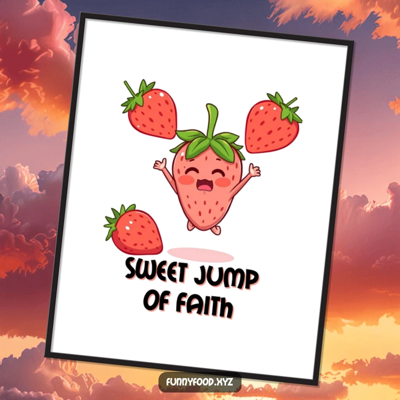 A vibrant poster featuring a surprised strawberry person joyfully jumping with delight, perfect for wall decor.