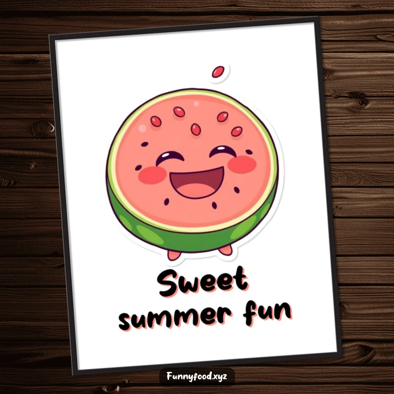 Funny Laughing Watermelon Poster: A happy slice of watermelon laughs with seeds popping out, creating joyful and funny wall art.