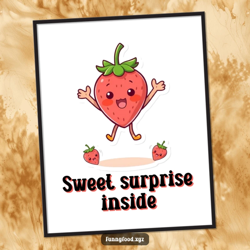 Funny poster print of a surprised strawberry character captured mid-air, jumping with absolute delight and expressing pure, unadulterated joy.