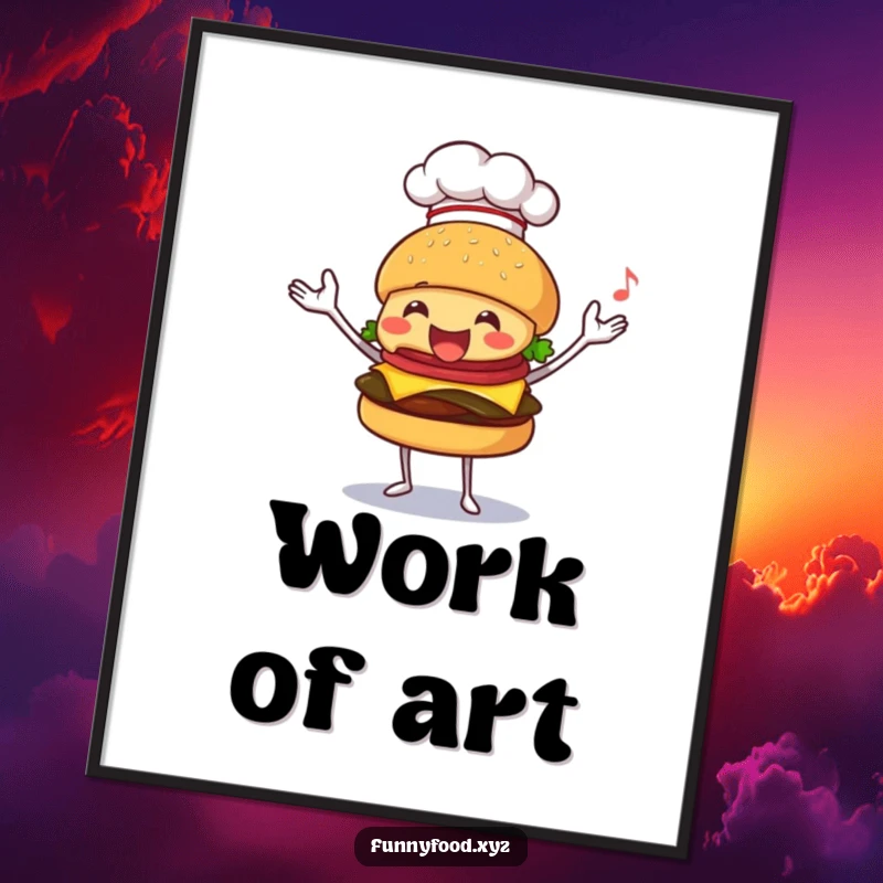 Funny poster capturing a happy burger in a chef hat, skillfully juggling food items, highlighting culinary prowess.