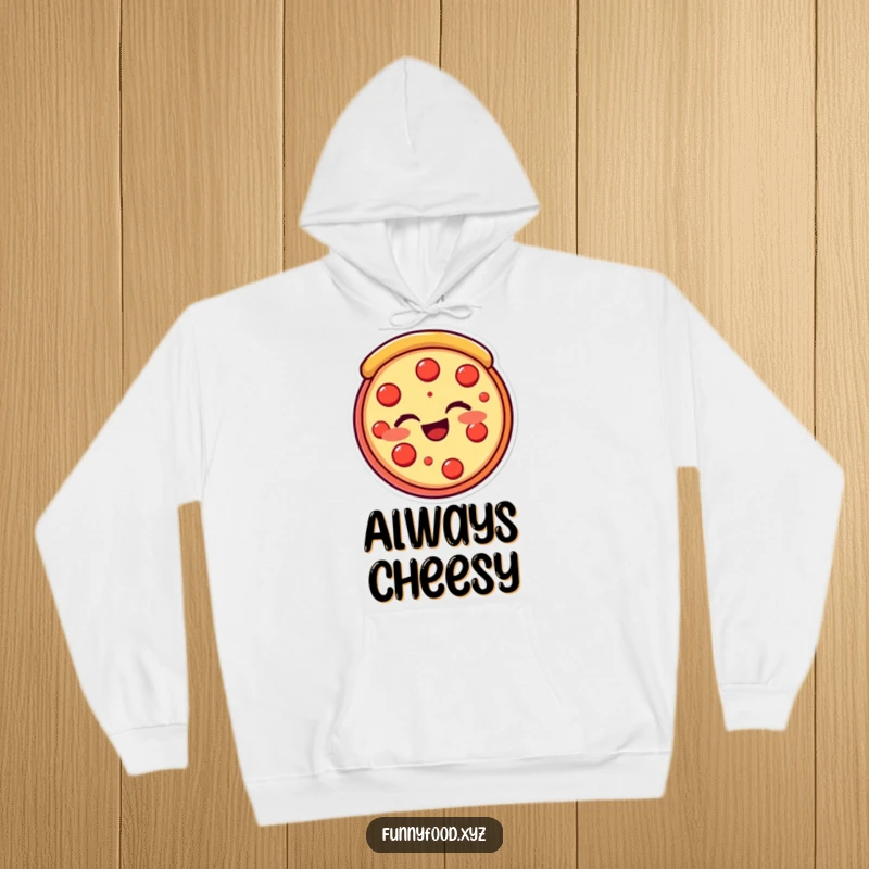 Funny pizza slice hoodie featuring a beaming, winking pizza slice, offering cheesy comfort and warmth. Perfect funny gift.