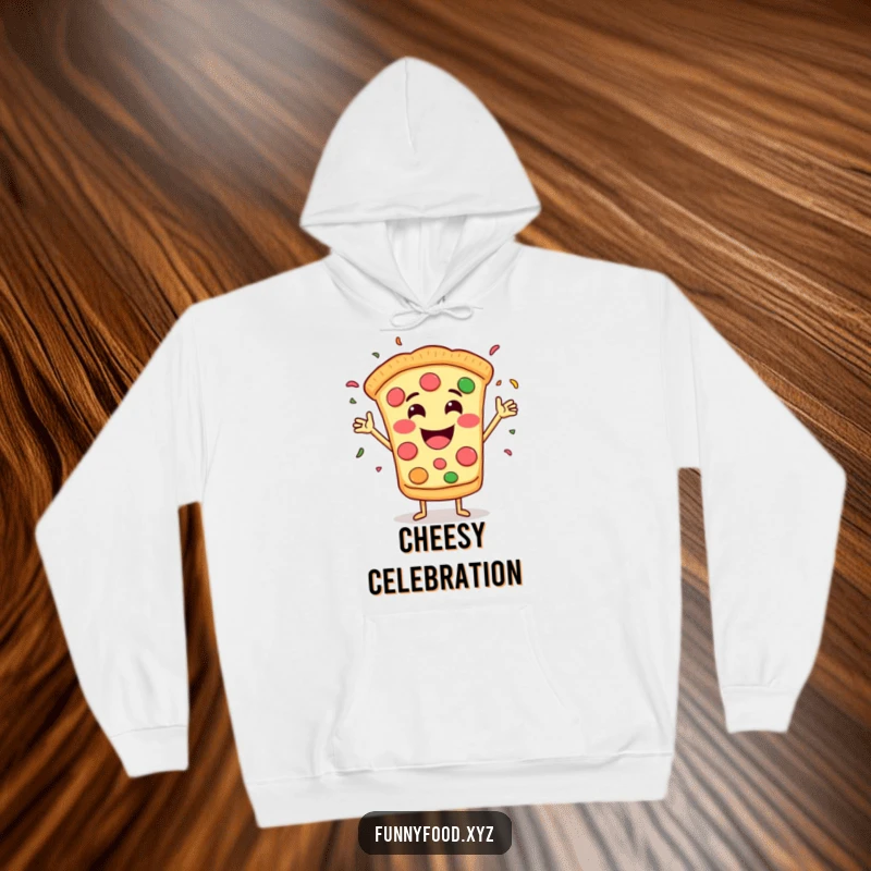 Funny hoodie depicting a grinning pizza slice enthusiastically throwing confetti, perfect for spreading party cheer.