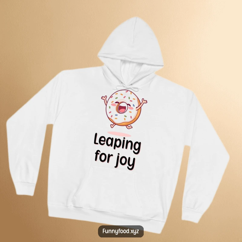 Funny donut hoodie showcasing a delighted, sprinkle-covered donut in a joyful leap, radiating pure happiness. Perfect funny gift.