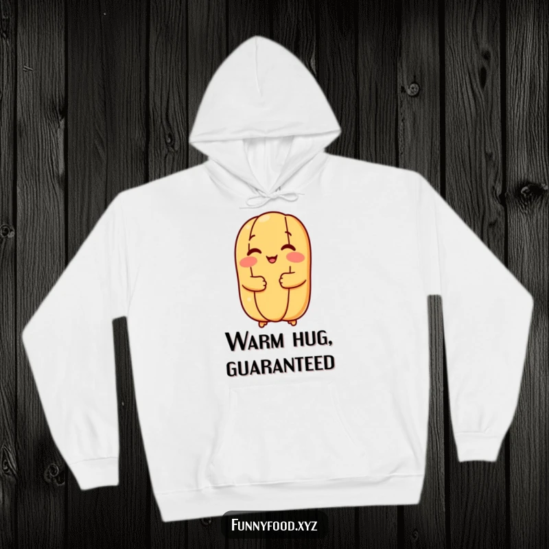 Funny hot dog bun hoodie showcasing a happy bun offering a warm, friendly hug, ideal for cozy days and giggles.