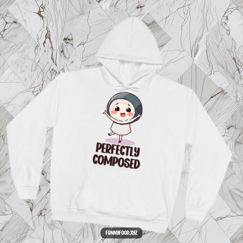 Smiling sushi roll character performing a pirouette, printed on a warm and humorous hoodie for stylish comfort.