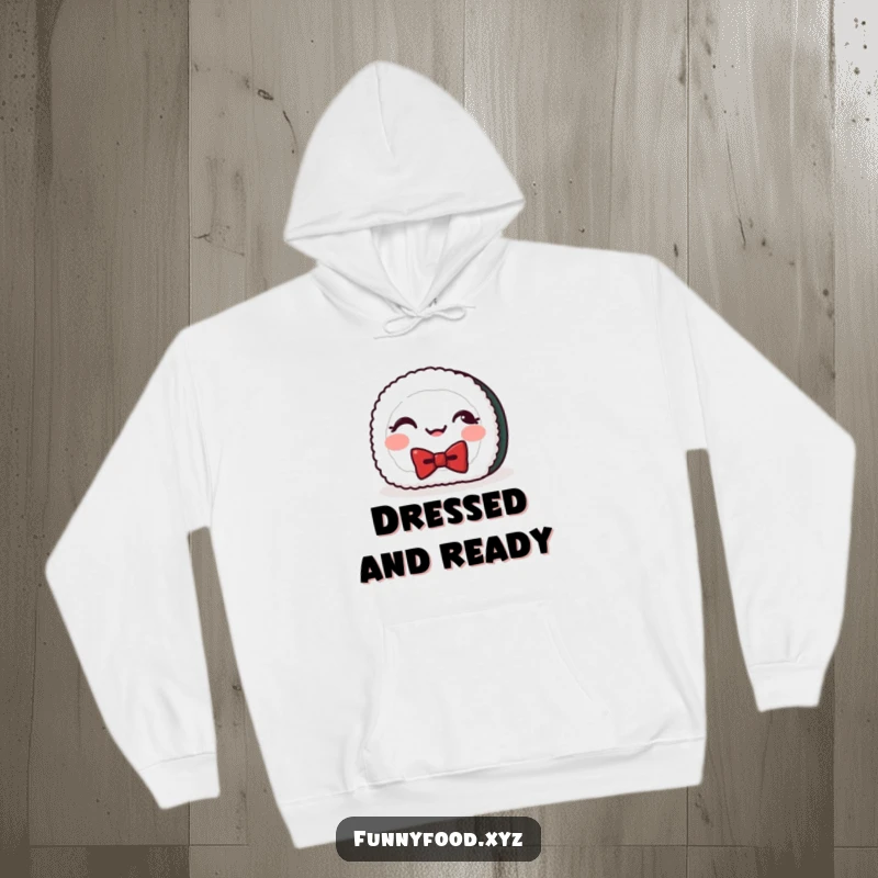 Funny hoodie featuring a cheerful sushi roll with a bowtie, giggling happily, perfect for staying warm and amused.