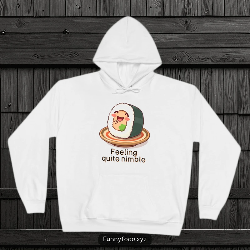 Funny sushi hoodie, showing a happy sushi roll wiggling on a plate, warm and comfortable with a cute design.
