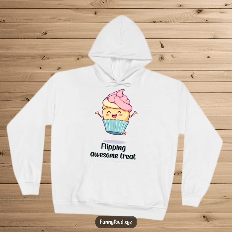 Funny Cupcake Hoodie: A cheerful cupcake with icing performs a cartwheel, offering a fun and cozy design.