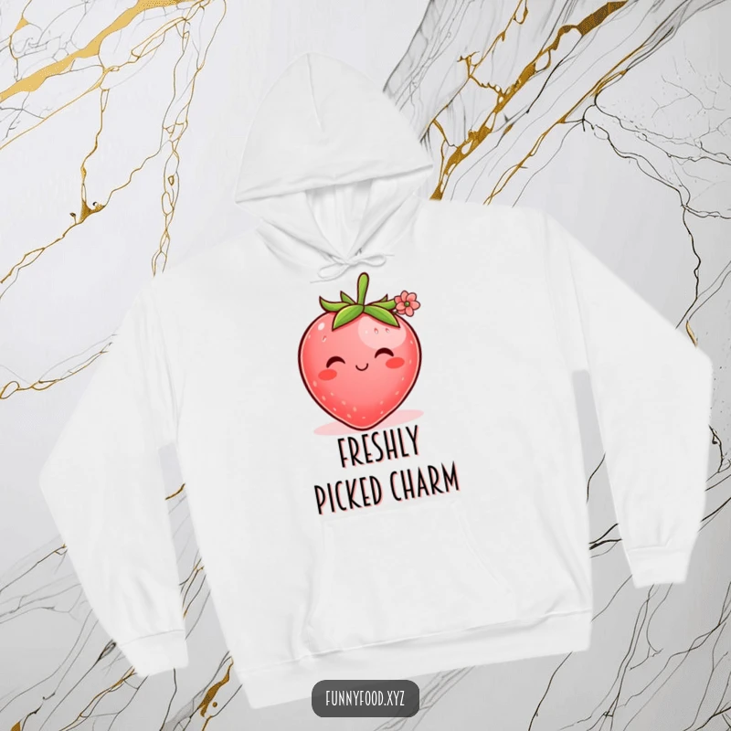 Funny hoodie design featuring a plump, shy strawberry offering a tiny flower, embodying sweetness and gentle affection.