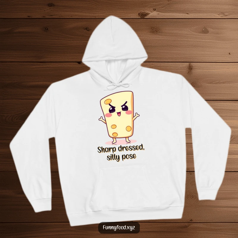 A determined slice of cheese in a silly pose, looking confident and amusing, featured on a soft and warm hoodie.
