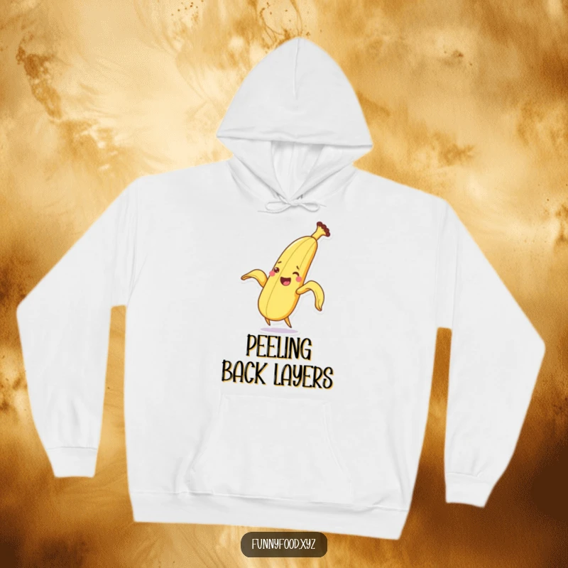 Funny cozy banana peeling hoodie character, comfortable and humorous winter wear.