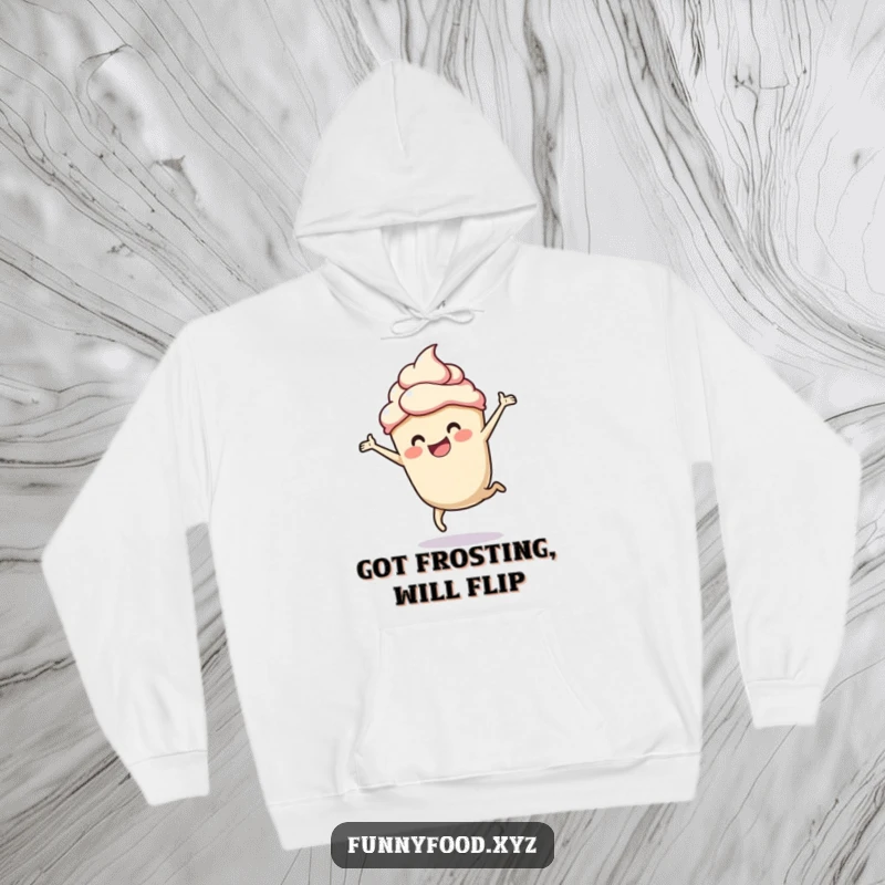 Funny hoodie featuring a cheerful cupcake doing a cartwheel, perfect for cozy and sweet wear.