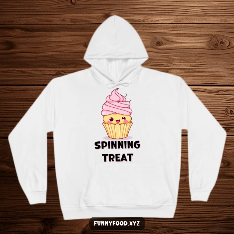 Funny hoodie depicting a playful cupcake with swirly frosting hair, excitedly spinning with a cheerful and energetic vibe.