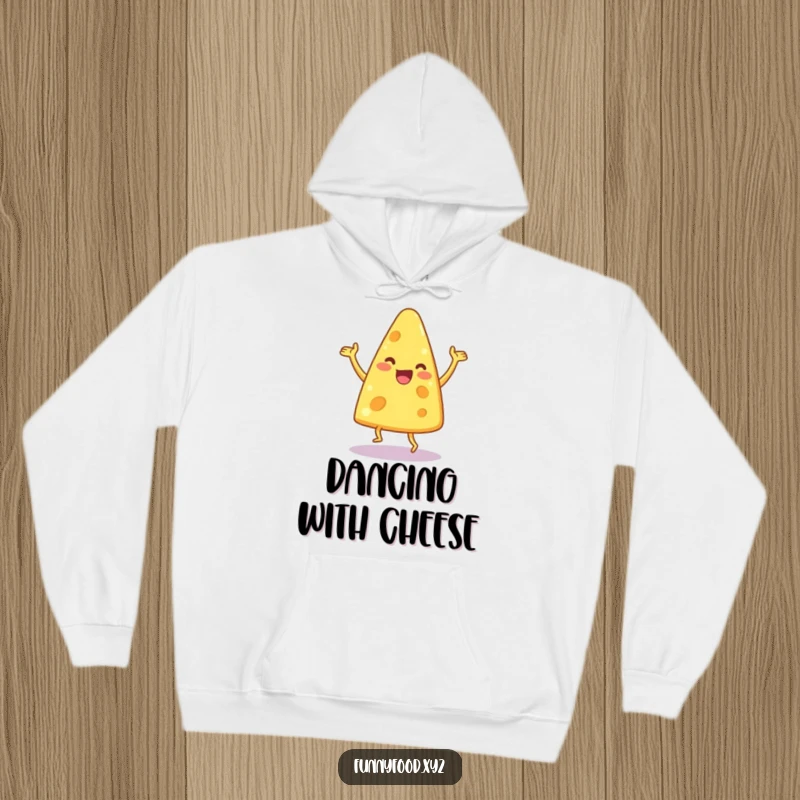 Funny hoodie depicting a delighted anthropomorphic cheese wedge performing a lively, amusing dance with gusto.