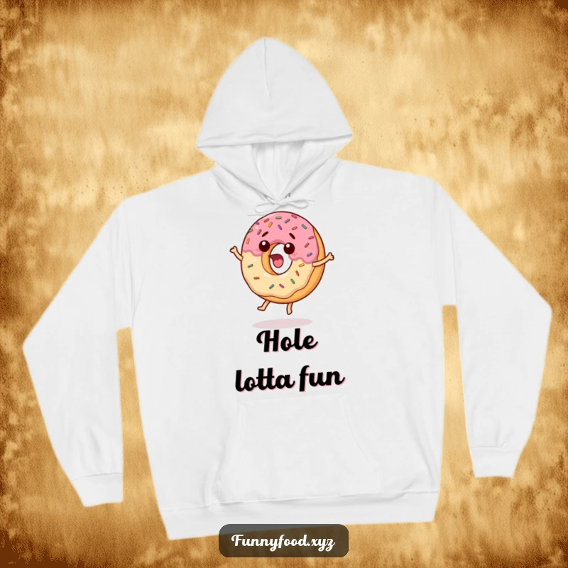 Funny hoodie with a surprised donut covered in sprinkles, captured mid-air while jumping with excitement.
