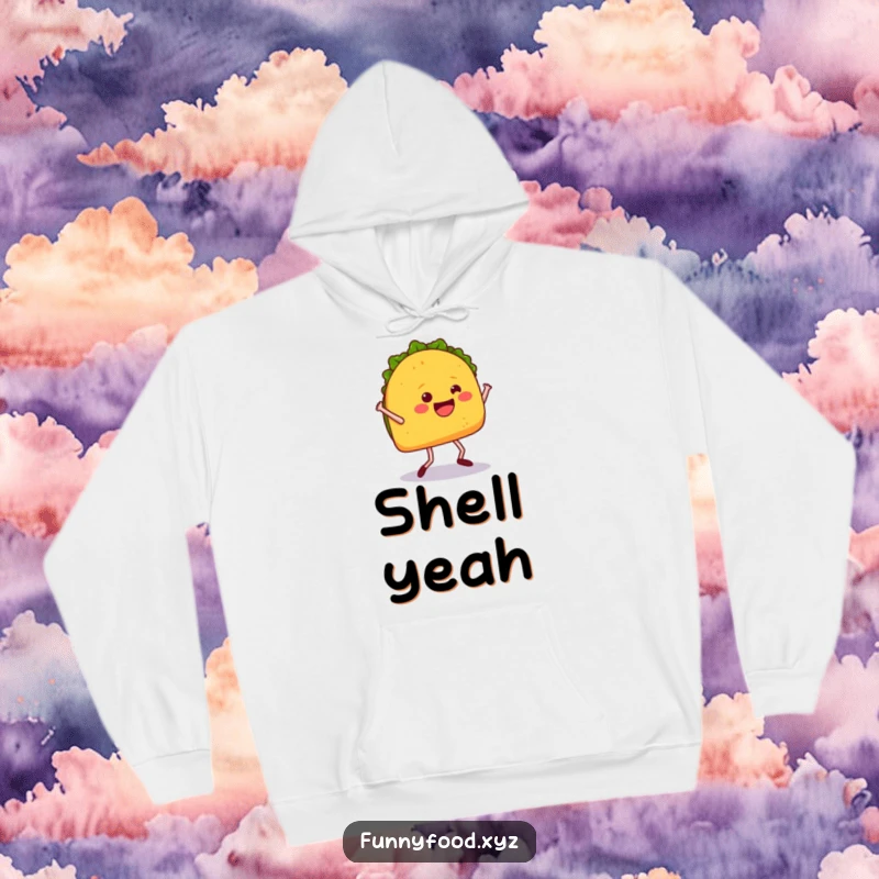 Funny hoodie depicting a happy taco with legs dancing energetically, perfect for spreading food-related cheer and humor.