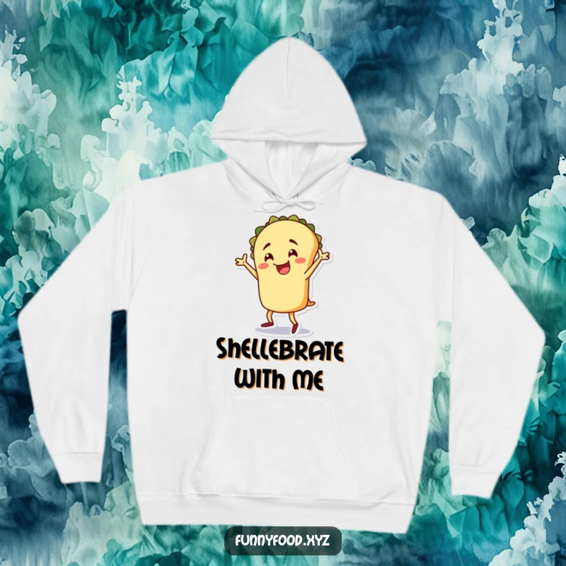Funny taco hoodie, a cheerful taco person doing a silly dance, warm and perfect for fiesta season.