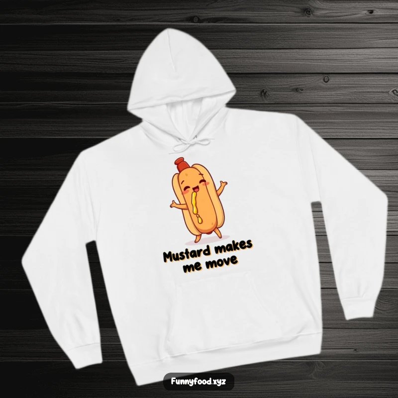 Funny hot dog hoodie, doing a playful shimmy, with a dribble of mustard, a humorous and comfortable piece of apparel.