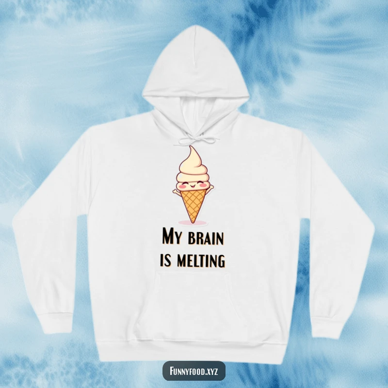 Funny winking ice cream cone doing a headstand, featured on a cozy hoodie for ultimate comfort and quirky fun.