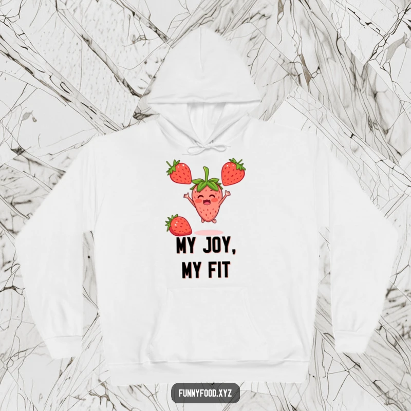 A surprised, happy strawberry person jumping with delight, featured on a soft and cozy hoodie.