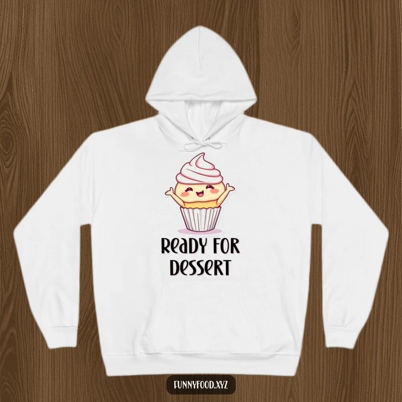 Funny cupcake hoodie featuring a giggling cupcake performing a playful bow, offering sweet comfort and charm. Perfect funny gift.