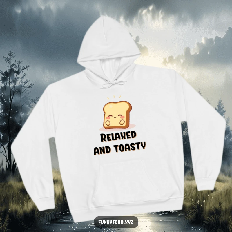 Funny toast hoodie showcasing a content piece of toast enjoying a tiny sunbeam, perfect for staying warm and relaxed.