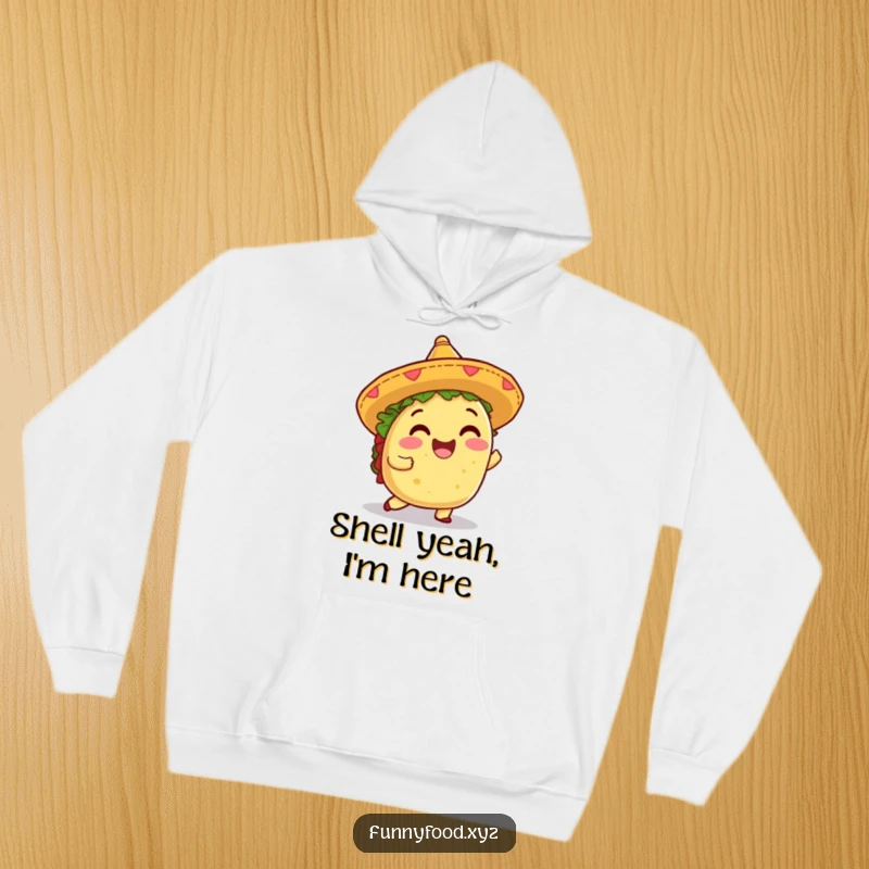Funny hoodie depicting a delighted taco in a sombrero, doing a joyful shimmy, perfect for staying warm and amused.
