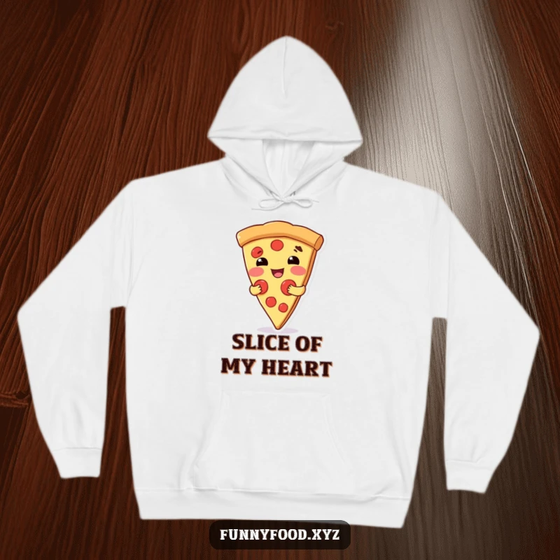 Funny hoodie featuring a delighted pizza slice character giving a warm, cheesy hug, perfect for cozy days.
