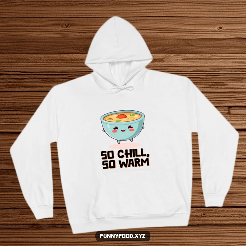 Funny soup hoodie, showing a content bowl of soup skipping with steam, warm and comfortable with a humorous design.