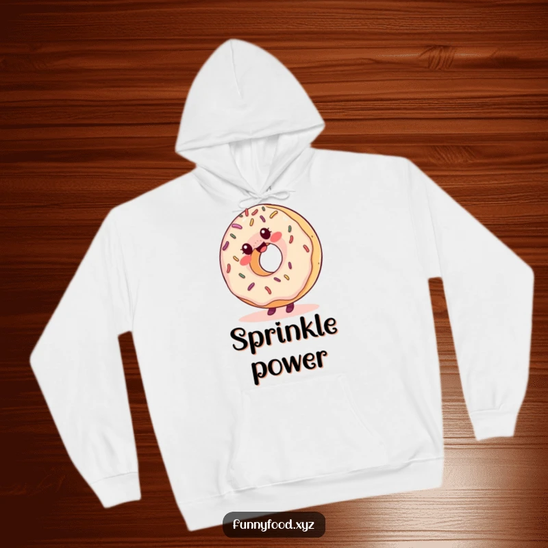 Funny hoodie depicting a giggling donut with colorful sprinkles, energetically doing a cartwheel with a cheerful and playful vibe.