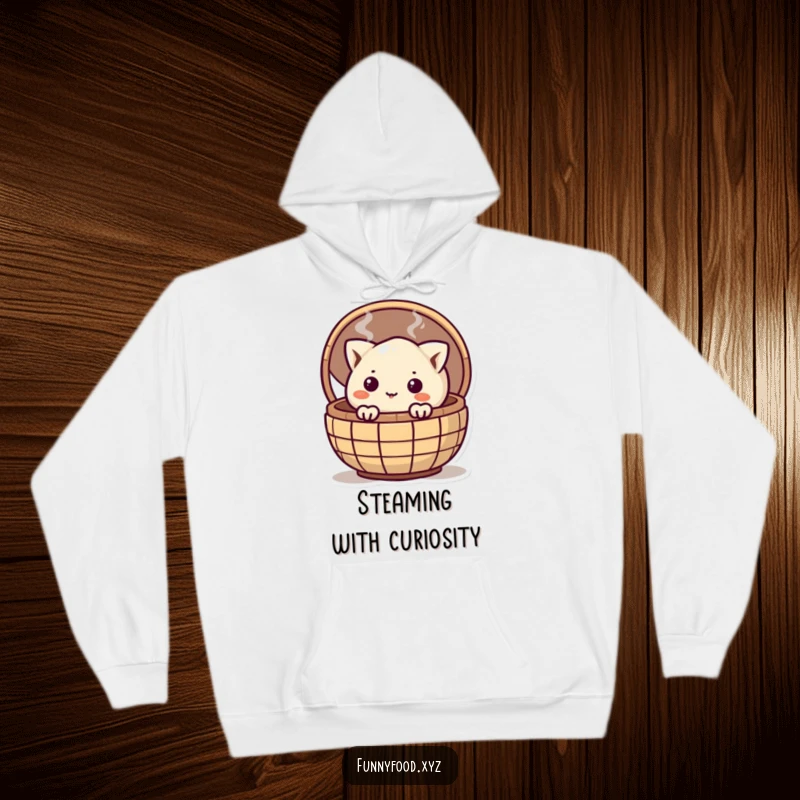Funny curious dumpling peeking from a bamboo steamer, featured on a cozy hoodie for ultimate comfort and playful charm.
