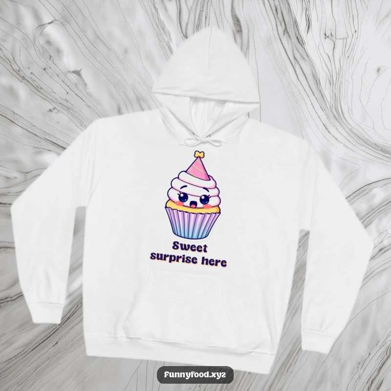 Funny hoodie with a surprised cupcake wearing a party hat, its expression conveying delightful shock.