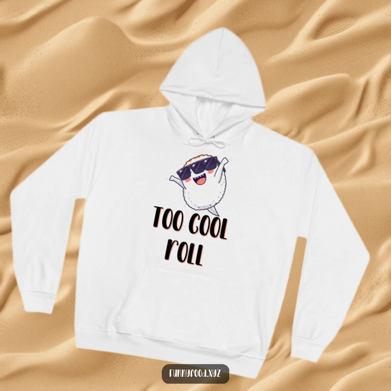 Funny hoodie depicting a piece of sushi with sunglasses mid-backflip, radiating coolness and energetic fun.