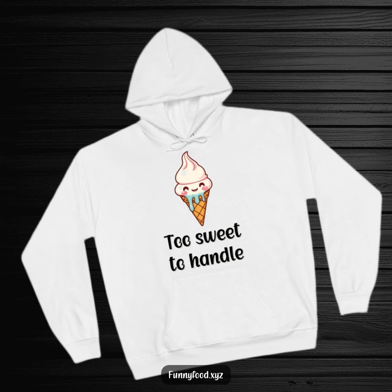 Funny cozy melting ice cream cone hoodie character radiating happiness, soft and warm winter apparel.