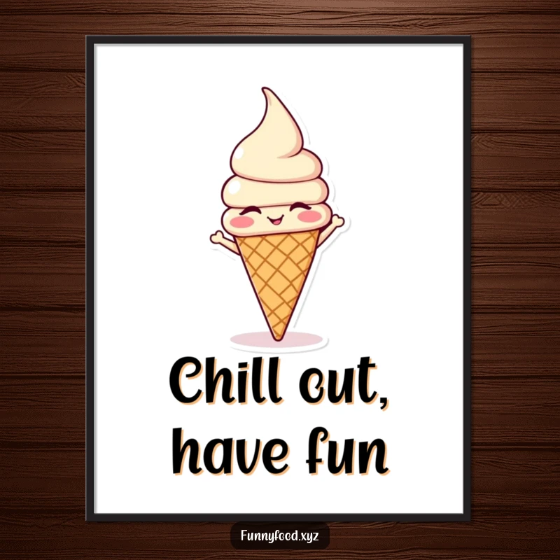 Funny Free Printable wall art showing a winking ice cream cone character performing a perfect headstand with a mischievous grin.