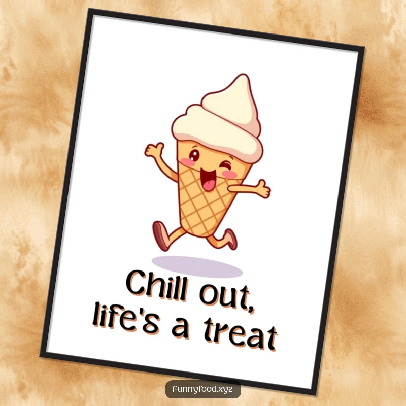 Funny Free Printable Wall Art: An enthusiastic ice cream cone performs a happy skip, radiating pure, sweet joy.
