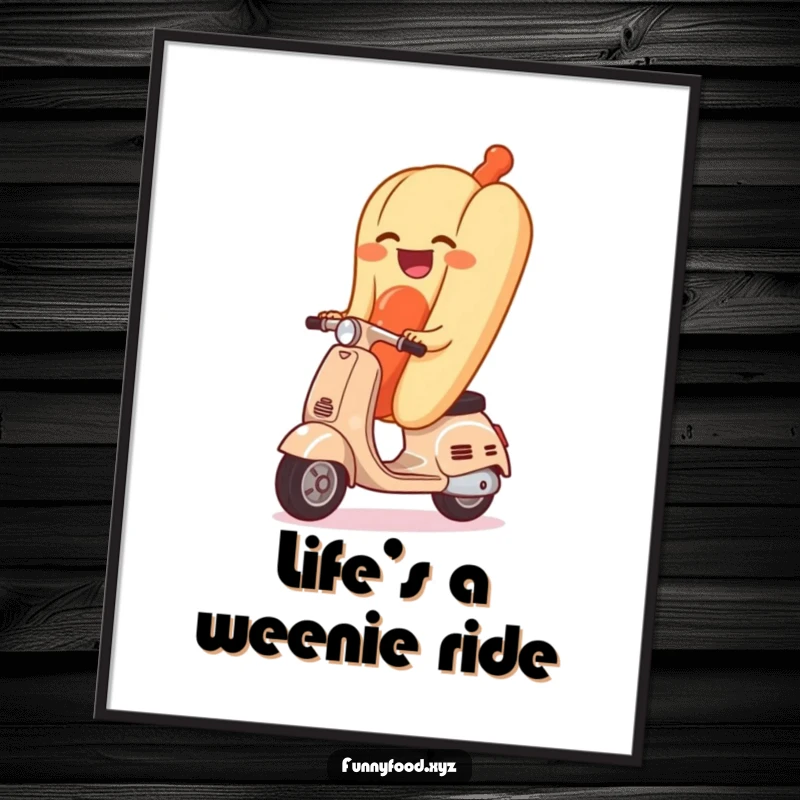 Funny Free Printable Wall Art: A giggling hot dog on a tiny scooter, bringing humor and charm with downloadable design.