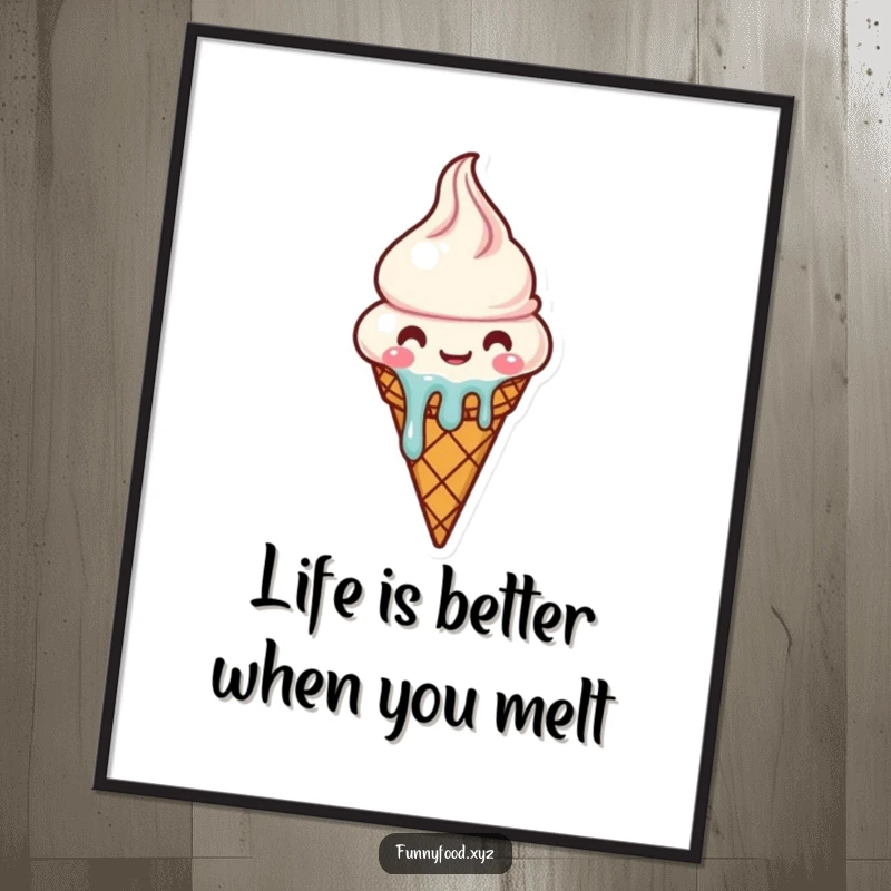 Funny Free Printable Wall Art: A charming ice cream cone character hilariously melting from sheer happiness, perfect for a fun room.