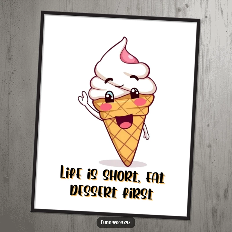 Funny free printable goofy ice cream cone waving its scoop, cheerful wall art.