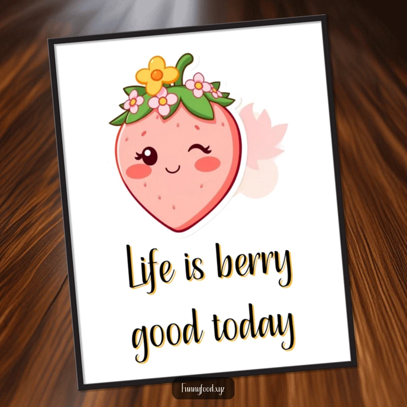 Funny free printable wall art of a smiling strawberry wearing a tiny flower crown. A sweet and charming downloadable art piece.