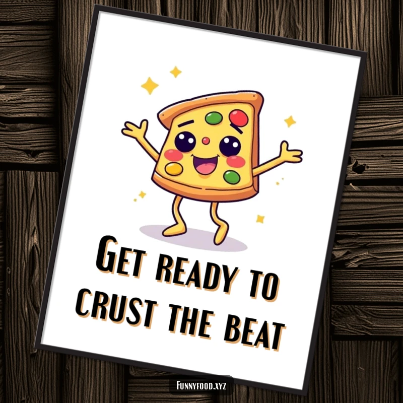 Funny Free Printable Wall Art: Disco dancing pizza slice with legs, radiating retro party vibes. A humorous, food-themed downloadable print.