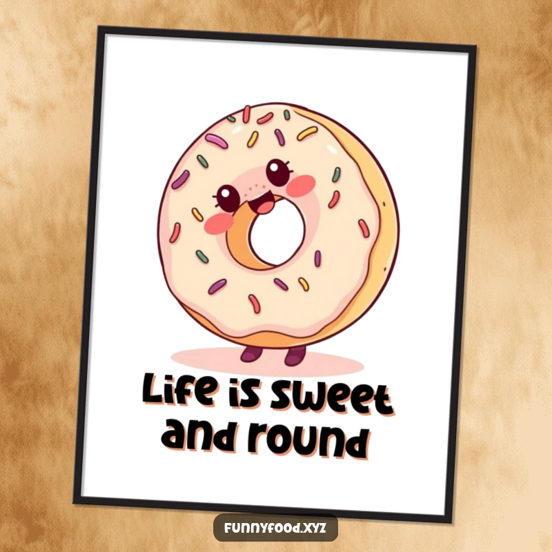 Funny Free Printable Wall Art: A giggling donut adorned with colorful sprinkles skillfully performs a cartwheel.