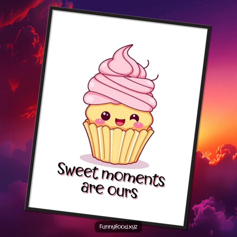 Funny Free Printable Wall Art: A playful cupcake with colorful frosting hair is captured mid-spin, radiating happiness.