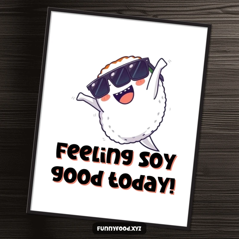Funny Free Printable Wall Art: A delighted sushi wearing cool sunglasses masterfully performs a dynamic backflip.