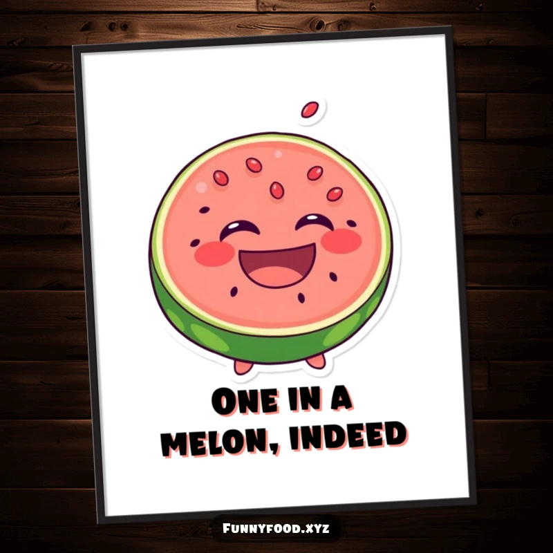 Funny Free Printable Wall Art: A laughing anthropomorphic slice of watermelon with seeds playfully popping out grins.