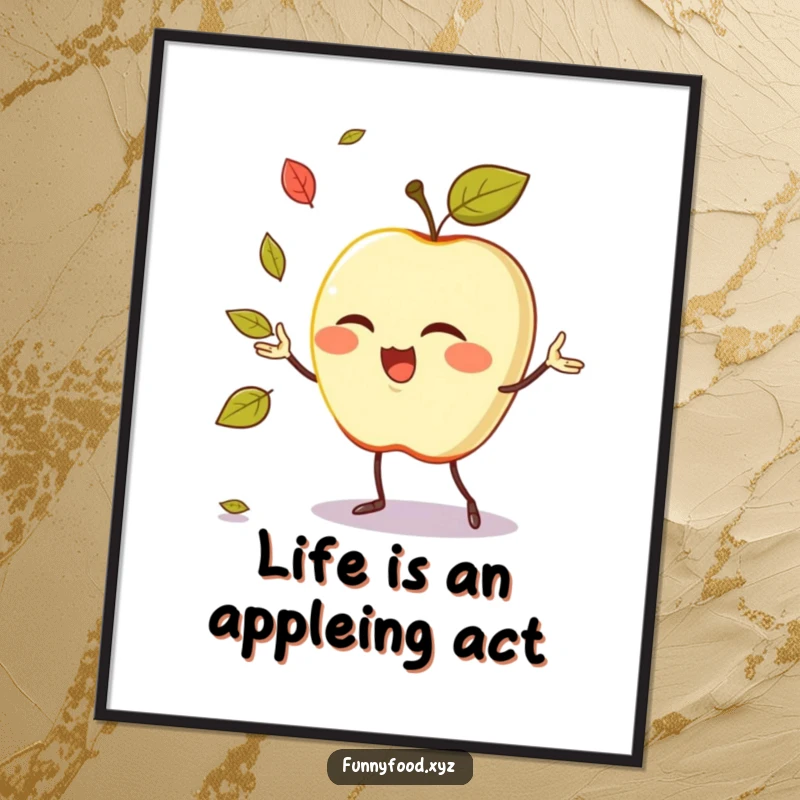 Funny Free Printable Wall Art: A winking anthropomorphic apple skillfully juggles tiny leaves with a mischievous grin.