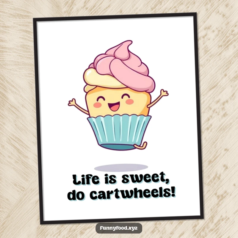 Funny Free Printable Wall Art: A cheerful cupcake character with frosting doing a cartwheel, adding vibrant energy.