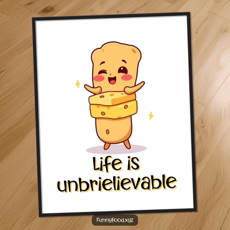 Funny Free Printable wall art featuring a baguette character gleefully balancing a spectacular stack of various cheeses.