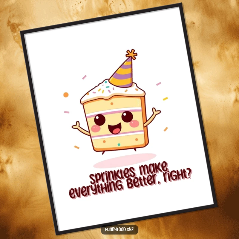 Funny Free Printable Wall Art: A happy cake slice in a party hat bounces energetically with sprinkles, a festive downloadable piece.