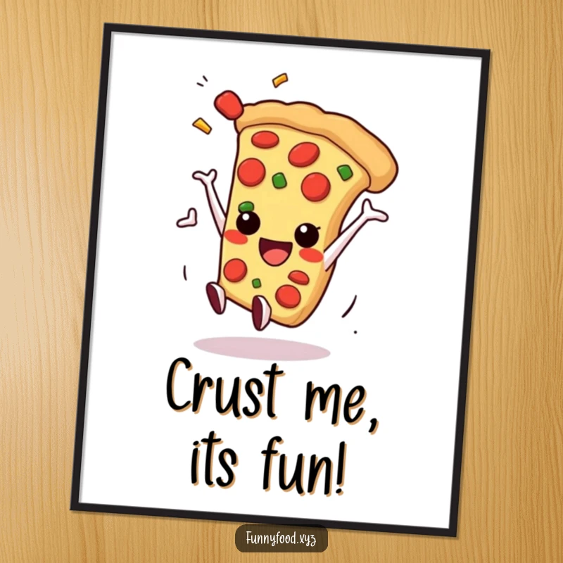 Funny Free Printable Wall Art: Smiling anthropomorphic pizza slice performs a playful somersault with flying toppings.